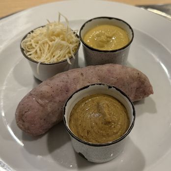 Katr restaurant - Katr steamed pork sausage with variety of mustards and styrian horseradish, per 1 piece (120 g) - Modern European Near Me - Prague, Puerto Rico