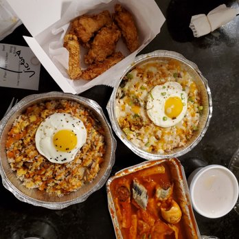 Coreanos Allston - Coreanos bowl, kimchi fried rice with cheese on top, tteokboki, and plain fried chicken small size - Korean Near Me - Allston, Massachusetts