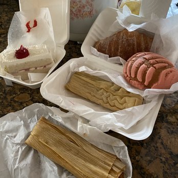 RicoPan LatinPastries - Pork Tamale w/ Red Sauce, Jalapeno & Cheese Tamale, Pink Concha, Sugar Croissant, and Tres Leches Cake - Bakeries Near Me - San Bruno, California