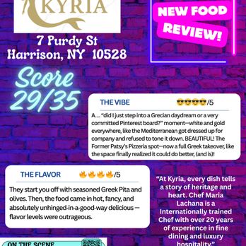 Kyria - On The Scene with John & Daneen Score Card 29/35 - Greek Near Me - Harrison, New York Kyria - On The Scene with John & Daneen Score Card 29/35 - Greek Near Me - Harrison, New York