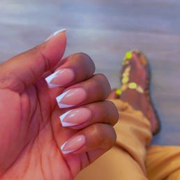 nail fixed. acrylic fill in - coffin shape w/ deep v french tip. nail fixed. acrylic fill in - coffin shape w/ deep v french tip.