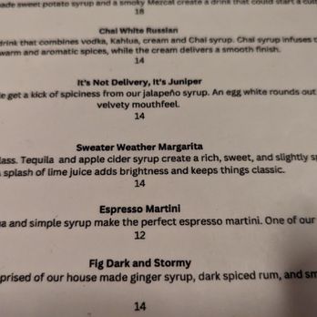 Juniper - a close up of a menu for a restaurant - Cocktail Bars Near Me - Elizabeth City, North Carolina