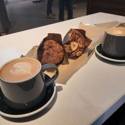 Bridgehead Roastery - L:R mocha, triple berry muffin, banana chocolate chip muffin, latte