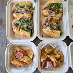 Wagyu Beef Dip Banh Mi (Top) Fried Pork and Cabbage Dumplings (Bottom)