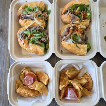 Fatty Mart - Wagyu Beef Dip Banh Mi (Top) Fried Pork and Cabbage Dumplings (Bottom) - Sandwiches Near Me - Los Angeles, California