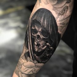 Lost In Time Art Studio - Cover black and grey grim reaper tattoo by @tattoosbymanuel