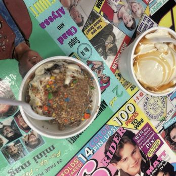 Up In Scoops - Lt: cookies & cream with crushed M&M's Rr: Salted caramel with caramel sauce - Ice Cream & Frozen Yogurt Near Me - Las Vegas, Nevada Up In Scoops - Lt: cookies & cream with crushed M&M's Rr: Salted caramel with caramel sauce - Ice Cream & Frozen Yogurt Near Me - Las Vegas, Nevada