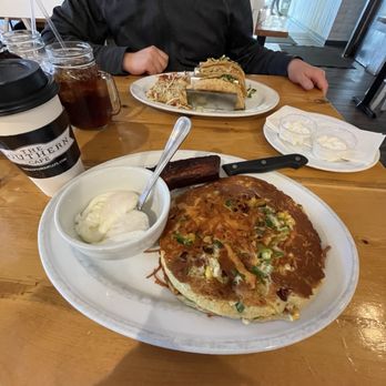 The Southern Cafe - Loaded Cornmeal Pancakes with poached eggs - Breakfast & Brunch Near Me - St. Charles, Illinois