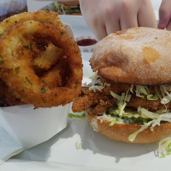 Burger Lounge - Chicken sandwich and side of onion rings - Burgers Near Me - Campbell, California Burger Lounge - Chicken sandwich and side of onion rings - Burgers Near Me - Campbell, California