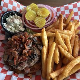 This is the bender burger, Gorgonzola cheese , bacon, mushrooms. This is the bender burger, Gorgonzola cheese , bacon, mushrooms.