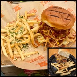 Elite Event: Mama's On 39 - Boston's BBQ Burger Mama's homemade BBQ sauce, stacked with onion strings, cheese, smoked bacon, and Mama's special sauce.