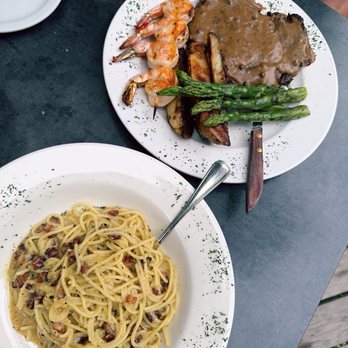 Luna Trattoria - Carbonara and steak with mushroom Demi glaze with shrimp & asparagus - Italian Near Me - Mendocino, California Luna Trattoria - Carbonara and steak with mushroom Demi glaze with shrimp & asparagus - Italian Near Me - Mendocino, California