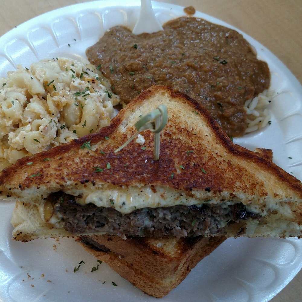 Roy's Grille - This was the patty melt with hash and rice, and mac and cheese. Tasted amazing - Barbeque Near Me - Irmo, South Carolina