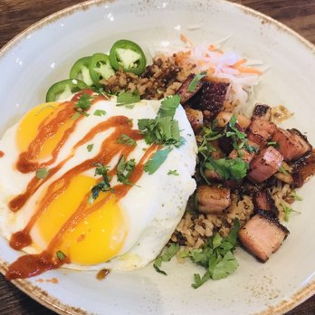 First Watch - Asian Pork Belly Breakfast Bowl (quinoa, farro, brown rice, eggs, pickled daikon radish, carrot slaw, jalapeño, cilantro, Sriracha) - Cafes Near Me - Hampton, Virginia