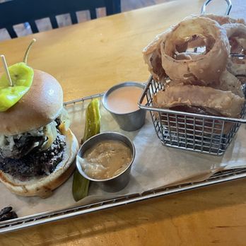 Hops Burger Bar - French Onion Burger Carolina Red Onion Rings - Burgers Near Me - Greensboro, North Carolina Hops Burger Bar - French Onion Burger Carolina Red Onion Rings - Burgers Near Me - Greensboro, North Carolina