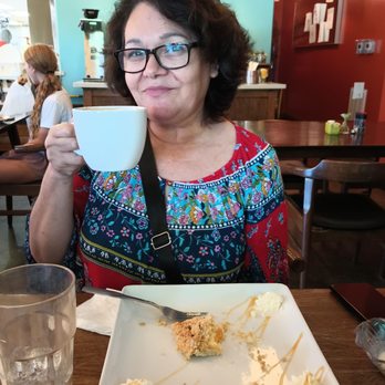 Pie in the Sky Pie Co. - Veronica and her cappuccino, peach&cream pie and side of vanilla ice cream. - Bakeries Near Me - Conroe, Texas Pie in the Sky Pie Co. - Veronica and her cappuccino, peach&cream pie and side of vanilla ice cream. - Bakeries Near Me - Conroe, Texas