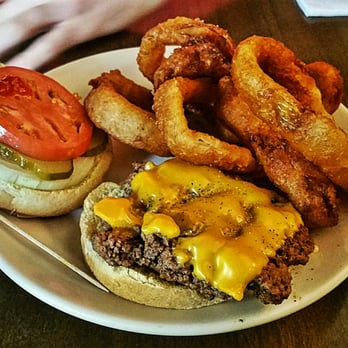 Zip's Cafe - Zip Burger with onion rings. - Pubs Near Me - Cincinnati, Ohio