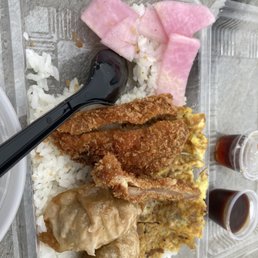 Chicken fried, dumplings and eggs with beef. Chicken fried, dumplings and eggs with beef.