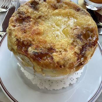 Bouchon - Soupe a l oignon - caramelized sweet onions with beef jus, country bread and Comte cheese - French Near Me - Yountville, California Bouchon - Soupe a l oignon - caramelized sweet onions with beef jus, country bread and Comte cheese - French Near Me - Yountville, California