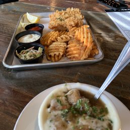 Fish and chips. Onion soup.