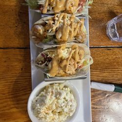 The Filling Station Pub & Grill - Shrimp Tacos with a side of Coldslaw.
