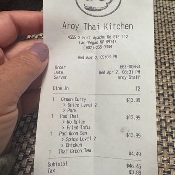 Aroy Thai Kitchen - The bill - Thai Near Me - Las Vegas, Nevada Aroy Thai Kitchen - The bill - Thai Near Me - Las Vegas, Nevada