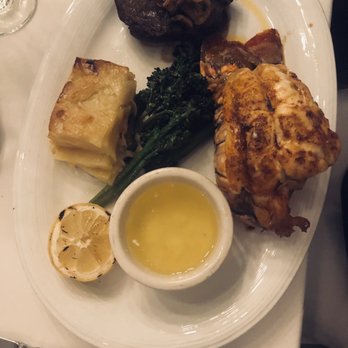 Spaghettini - Surf & Turf Lobster Tail and 8oz Aged Filet Mignon, potato and Broccolini - Italian Near Me - Seal Beach, California