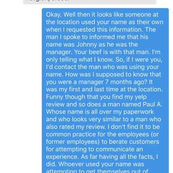 Jiffy Lube - A photo of the messages between a former employee and me. - Auto Repair Near Me - Moreno Valley, California Jiffy Lube - A photo of the messages between a former employee and me. - Auto Repair Near Me - Moreno Valley, California