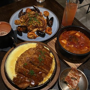 Yori and Sool - The Fish Market (top), Kimchi Pork Soup (right), Kimchi Fried Rice with Chicken Katsu (bottom) - Korean Near Me - New York, New York Yori and Sool - The Fish Market (top), Kimchi Pork Soup (right), Kimchi Fried Rice with Chicken Katsu (bottom) - Korean Near Me - New York, New York
