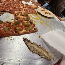 George's Pizza & Sub - Don't know why the back of the pizza had a dirty dirt or burnt piece on the pizza