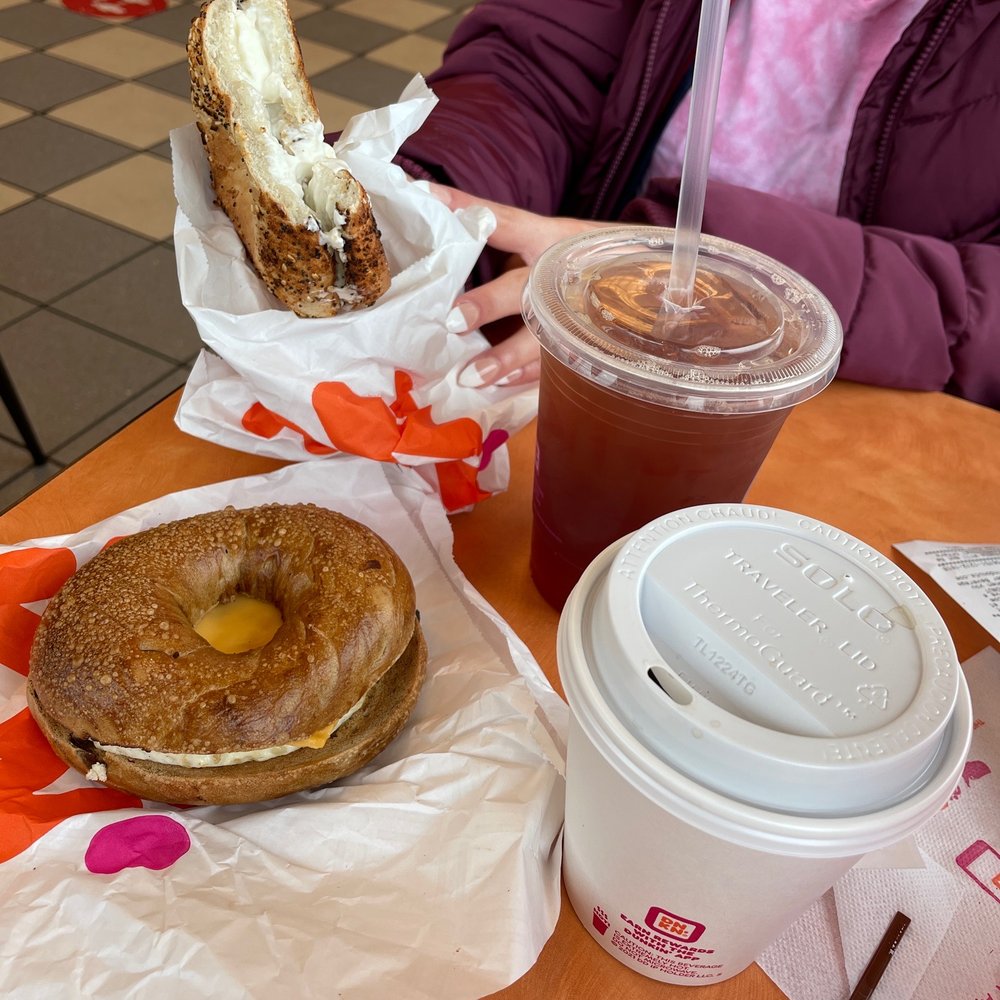 Egg and cheese on cinnamon and cream cheese on everything bagel. Hot tea and iced tea.
