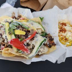 Pork nachos and Mexican corn.