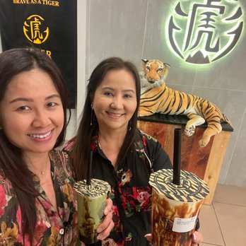Tiger Sugar - Happy with our drinks! #T8. Black Sugar Boba Green Tea and #T5. Black Sugar Boba Black Tea Latte with Cream Mousse - Bubble Tea Near Me - Salt Lake City, Utah