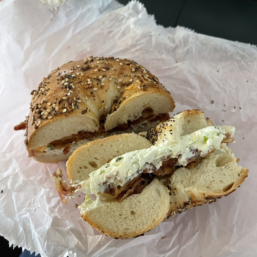 Montague Street Bagels - Everything Bagel w/ Scallion Bacon Cream Cheese $5 - Bagels Near Me - Brooklyn, New York