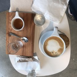 Merit Coffee - Espresso, Oat-milk latte, double chocolate chip cookie and Toffee Caramel cookie