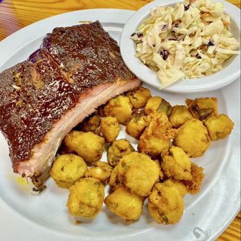 Shep's Grill - A glistening half rack ribs with a side of okra and fresh coleslaw - American Near Me - Washington, North Carolina Shep's Grill - A glistening half rack ribs with a side of okra and fresh coleslaw - American Near Me - Washington, North Carolina