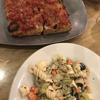Pompei - Pizza Pompeii (tomatoes, black olives, garlic and breadcrumbs) and a small pasta salad - Pizza Near Me - Chicago, Illinois Pompei - Pizza Pompeii (tomatoes, black olives, garlic and breadcrumbs) and a small pasta salad - Pizza Near Me - Chicago, Illinois