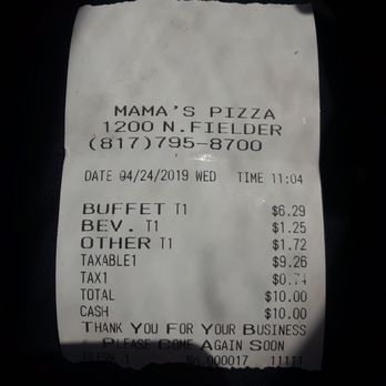 Mama's Pizza - Receipt for lunch. - Pizza Near Me - Arlington, Texas Mama's Pizza - Receipt for lunch. - Pizza Near Me - Arlington, Texas