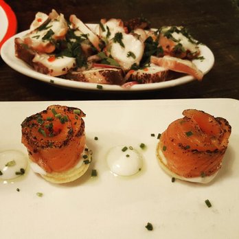 Casa Lolea - Octopus ceviche and salmon blini. Delicious and so fresh. - Tapas Bars Near Me - Barcelona, B Casa Lolea - Octopus ceviche and salmon blini. Delicious and so fresh. - Tapas Bars Near Me - Barcelona, B