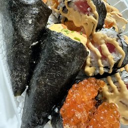 Salmon Hand Roll, Salmon Roe(Ikura), Spicy Tuna Roll