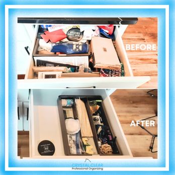 Crystal Clear Professional Organizing  - Junk drawer over haul before and after. Hard to open and find anything and now everything g is easy to see and find what you need. - Home Organization Near Me - Bloomington, Illinois