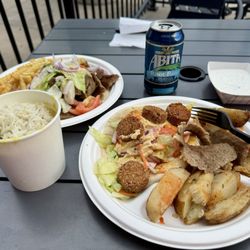 Pita & Naan - Gyro plate with crispy fries, lentil soup with rice, falafel wrap with potato wedges, Abita root beer.