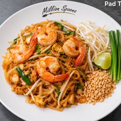 Million Spoons - Shrimp Pad Thai -- Stir-fried rice noodles with shrimp, egg, bean sprouts, green onions, and crushed peanuts in our classic Pad Thai sauce.