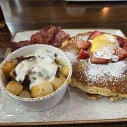 Lemon ricotta pancakes, million dollar potatoes, and bacon