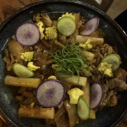 Rice cakes, kimchi, and mushroom. Flavorful but heavy on kimchi. Some high heat sear would have been nice Rice cakes, kimchi, and mushroom. Flavorful but heavy on kimchi. Some high heat sear would have been nice