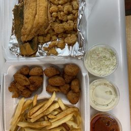 Any Two Combination- flounder, calabash shrimp, fries, hush puppies, and slaw.