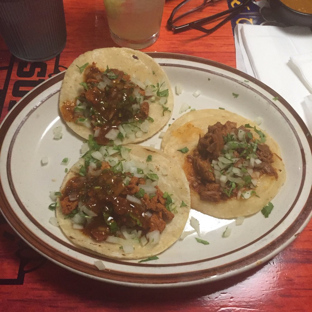 Super A's - Two al pastor and one barbacoa taco (right side) on taco Tuesday - Mexican Near Me - Costa Mesa, California Super A's - Two al pastor and one barbacoa taco (right side) on taco Tuesday - Mexican Near Me - Costa Mesa, California