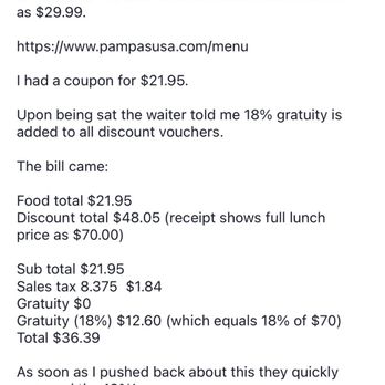 Pampas - Explanation of their gratuity practice! - Steakhouses Near Me - Las Vegas, Nevada