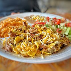 The Machaca plate with Spanish Rice and refried beans.