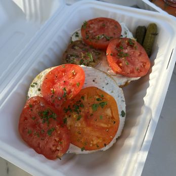 Mother Dough Bagels - Heirloom tomato on jalapeño cheese bagel with house made herb cream cheese - Bagels Near Me - Santa Barbara, California Mother Dough Bagels - Heirloom tomato on jalapeño cheese bagel with house made herb cream cheese - Bagels Near Me - Santa Barbara, California